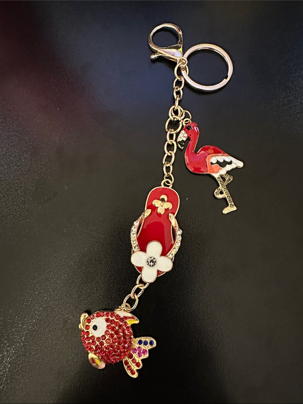 Mint Red Enamel Flip-Flop Keychain with Red Fish & Flamingo Charms